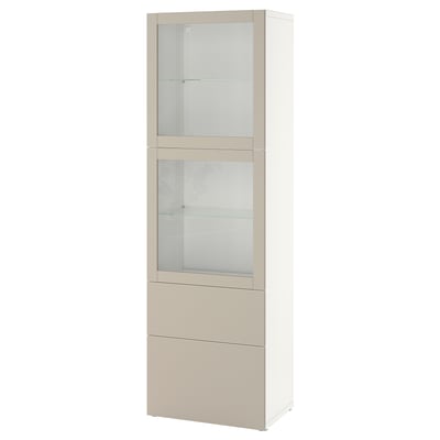 BESTÅ Schrank, weiß/beige mit Glastüren und Schubladen, Soft-Close, verstellbare Einlegeböden.