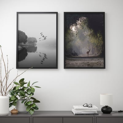 Zwei gerahmte Naturfotos hängen an einer Wand über einem Tisch mit einer Pflanze, Büchern und einer Lampe.