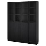 Ein ikea BILLY Bücherregal in Schwarz-Braun, mit Glas- und Holzpaneelen, das eine moderne und funktionale Aufbewahrungslösung bietet.