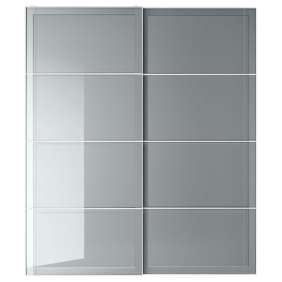 BJÖRNÖYA Schranktüren aus grauem Glas, mattierte Paneele, Aluminiumrahmen mit Gleitschienen.
