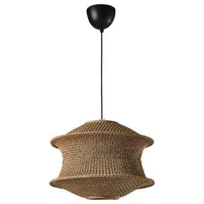BLÅSTÅNG Hängelampe, schwarz, Schirm aus gewebtem Papier, Glockenform, warmes Licht.