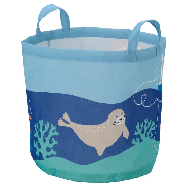 Blauer recycelter Zylinderkorb mit Seelöwen- und Korallendesign, ideal für Kinderzimmer.