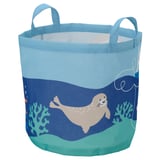 Blauer recycelter Zylinderkorb mit Seelöwen- und Korallendesign, ideal für Kinderzimmer.