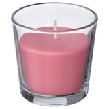 Rosa Duftkerze aus klarem Glas, zylindrische Form mit glatten Kanten.