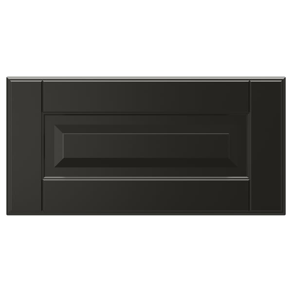 Schwarze BODBYN-Schubladenfront mit abgeschrägtem Paneel, schlankes, modernes Design.