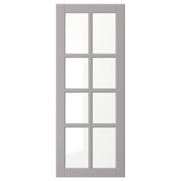 Weiche, graue BODBYN Küchentür mit gerahmtem Design und abgeschrägtem Glas.