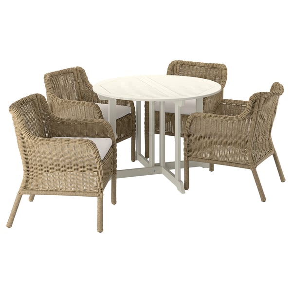 BONDHOLMEN / ULVEVÄR Tisch+4 Armlehnstühle/außen, weiß/beige Kunststoffrattan braun/Frösön/Duvholmen beige, 108 cm