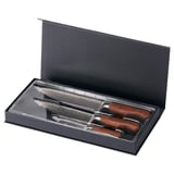 Ein BRILJERA Messerset im Koffer. Edelstahl- und Holzgriffe. Klingen aus Damasteel. Schwarzes, schlankes Design.