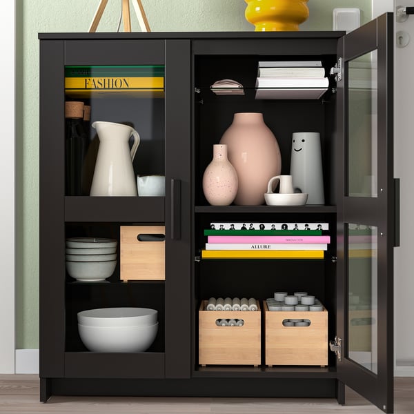 BRIMNES Schrank mit Türen, Glas/schwarz, 78x95 cm