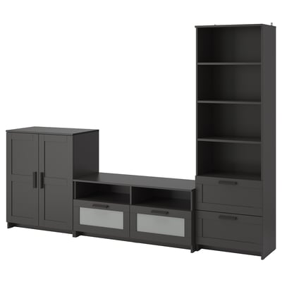 Prall gefülltes TV-Aufbewahrungsset. Dunkelgrau, Holz, rechteckig. Kombiniert Schrank, Regale und Schubladen.