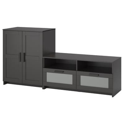 Modernes dunkelgraues TV-Ständer-Set mit Schrank mit Türen und großen Schubladen zur Aufbewahrung, schlankes Design.
