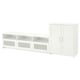 Weißes BRIMNES TV-Möbel & Schrank-Set. Schlankes, rechteckiges Design mit Glastüren, verstellbaren Regalen und Kabelauslässen.