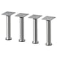 Option: Vier Tischbeine aus Edelstahl mit verstellbaren Halterungen und quadratischen Platten in Silber.