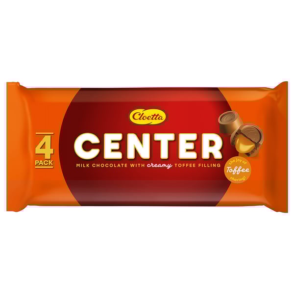 Stellen Sie sich eine 4er-Packung Cloetta CENTER Milchschokoladenriegel mit cremiger Toffee-Füllung vor.