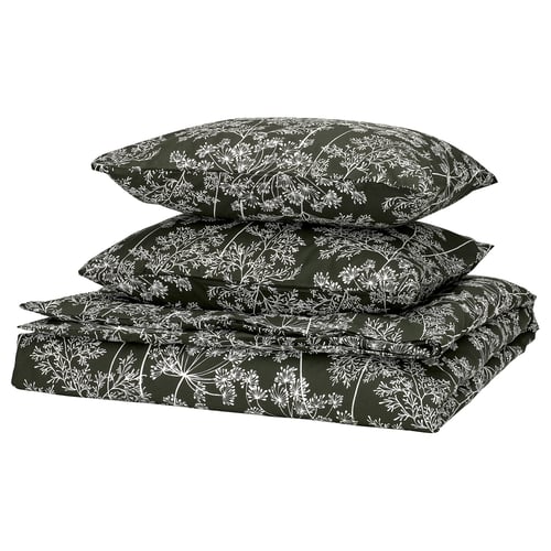 DAGGBJÖRNBÄR Bettwäsche-Set, 3-teilig, dunkelgrün/Blumenmuster, 240x220/50x60 cm