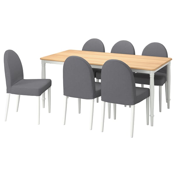 Moderne 6-Sitzer-Essgarnitur mit grauen Stoffstühlen, weißen Metallbeinen und Holztisch.