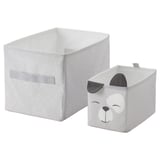 DRÖMSLOTT, graue Stoffboxen mit Bärenmotiv. Quadratische Form, zusammenklappbar, aus recyceltem Polyester zur Aufbewahrung.