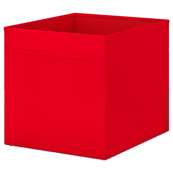 Leuchtend rote, quadratische Aufbewahrungsbox aus Stoff, ideal für Kallax-Regale, hauptsächlich aus recyceltem Polyester.