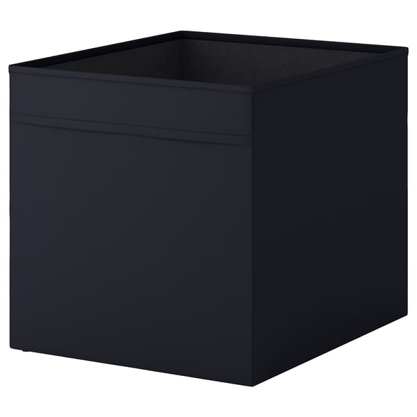 Eine schwarze IKEA DRÖNA Aufbewahrungsbox. Es hat eine quadratische Form, besteht aus recyceltem Polyester und ist für Regale konzipiert.