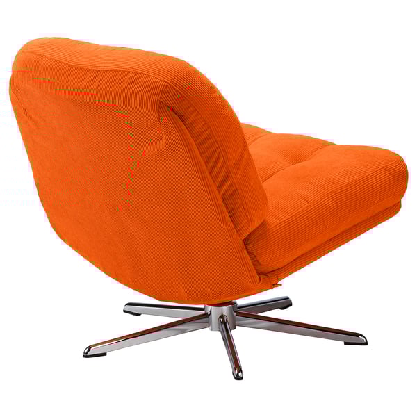 Leuchtend orangefarbener DYVLINGE Drehstuhl mit fünfbeinigem Chromgestell, konzipiert für Komfort.