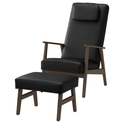 EKENÄSET Sessel mit hoher Rückenlehne+Hocker, Nussbaumnachbildung/Grann/Bomstad schwarz