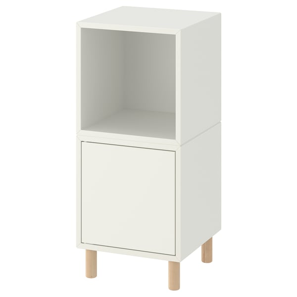 EKET White Cube Aufbewahrung. Quadratisches, modernes Design mit offener Oberseite und einer einzigen Tür, Holzbeine.