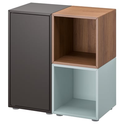 Moderner ikea EKET Aufbewahrungswürfel, schwarz, Holz, hellblau, modulares Design.