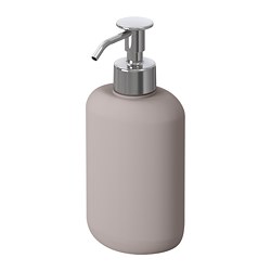 Ein grauer EKOLN Seifenspender. Es hat ein schlankes, abgerundetes Design mit einer verchromten Pumpe. Aus Steinzeug und Edelstahl gefertigt, passt es gut in moderne Badezimmer.