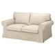 Ein beigefarbenes EKTORP-Zweisitzer-Sofa mit Kissen, klassischem Design und bequemer Polsterung aus strapazierfähigem, recyceltem Polyestergewebe.