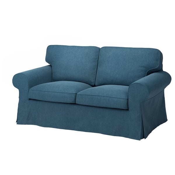 Blauer EKTORP-Zweisitzer, gepolstert mit Chenille, mit gerollten Armlehnen und gepolstertem Sitz.