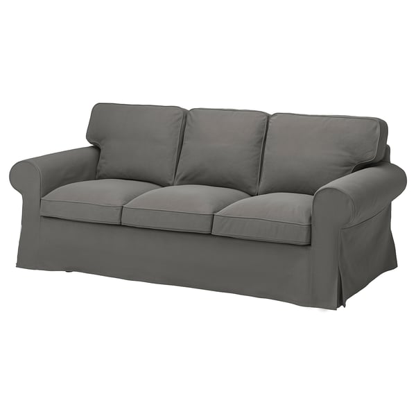 Graues EKTORP-Sofa, modernes Design mit gerollten Armlehnen, weiche Polsterung.