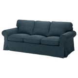 EKTORP türkisfarbenes Sofa: Plüsch, gerollte Armlehnen, drei Kissen.