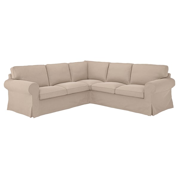 Schlanke beige L-förmige Couch mit gerollten Armlehnen und dicken Kissen, perfekt für gemütliche Räume.