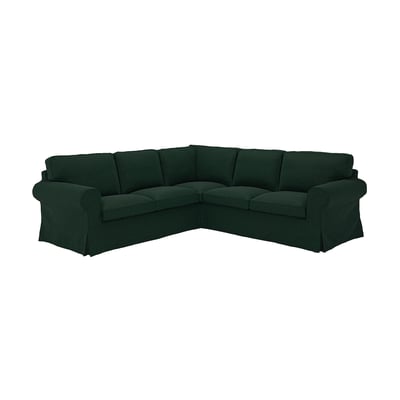 Dunkelgrünes L-förmiges EKTORP-Sofa, tiefe Sitze, gerollte Armlehnen, Plüschstoff.