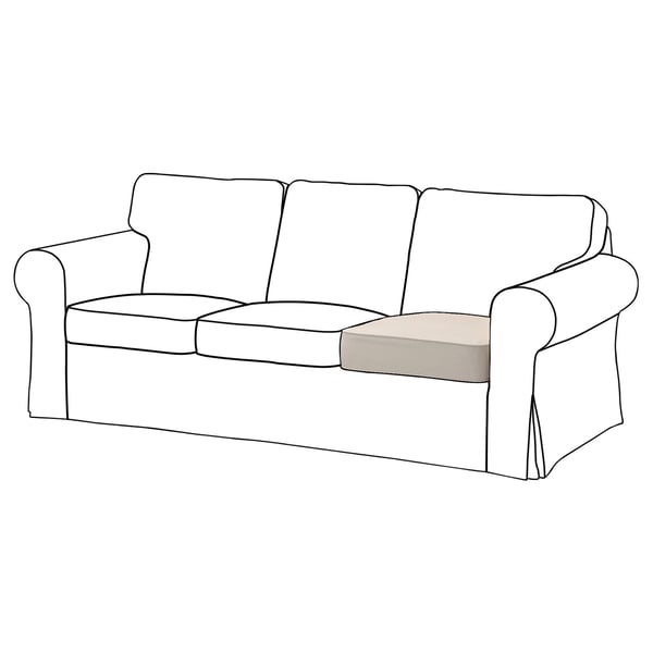 Schwarze Umrissskizze eines hellen Sofas mit drei Kissen mit gerollten Armlehnen und rechteckigem Fußkreuz.