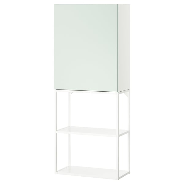 Ein weißer IKEA ENHET Aufbewahrungsschrank mit Glastüren und offenen Regalen, der eine Mischung aus offenem und geschlossenem Stauraum bietet.