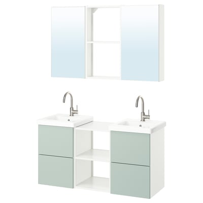 Moderner Badezimmerwaschtisch, grün und weiß, Doppelwaschbecken, Spiegelschränke.