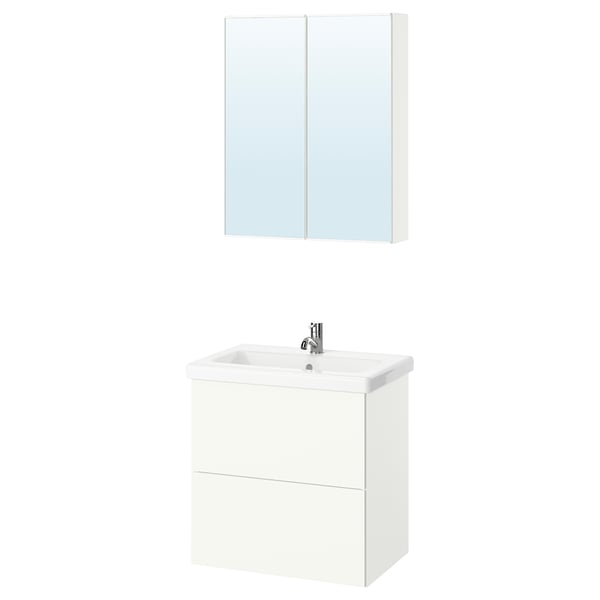 Ein stilvolles weißes Waschtisch-Set mit einem Schrank mit zwei Schubladen, einem Waschbecken und einem Wandspiegelschrank. Modernes und funktionales Design.