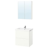Ein stilvolles weißes Waschtisch-Set mit einem Schrank mit zwei Schubladen, einem Waschbecken und einem Wandspiegelschrank. Modernes und funktionales Design.