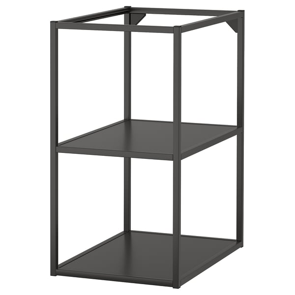 Ein IKEA ENHET Regal aus schwarzem Metall. Es verfügt über zwei offene Regale und ein minimalistisches Rahmendesign, das sich perfekt für die Präsentation von Gegenständen eignet.