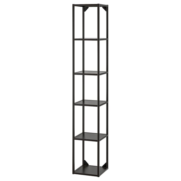 Ein schwarzes ENHET Bücherregal. Er hat fünf quadratische Regale in einem schwarzen Metallrahmen. Das Design ist modern und minimalistisch.