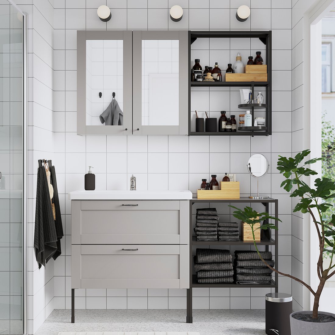 ENHET / TVÄLLEN BadezimmerSet 15tlg. grau Rahmen/anthrazit LILLSVAN Mischbatterie IKEA