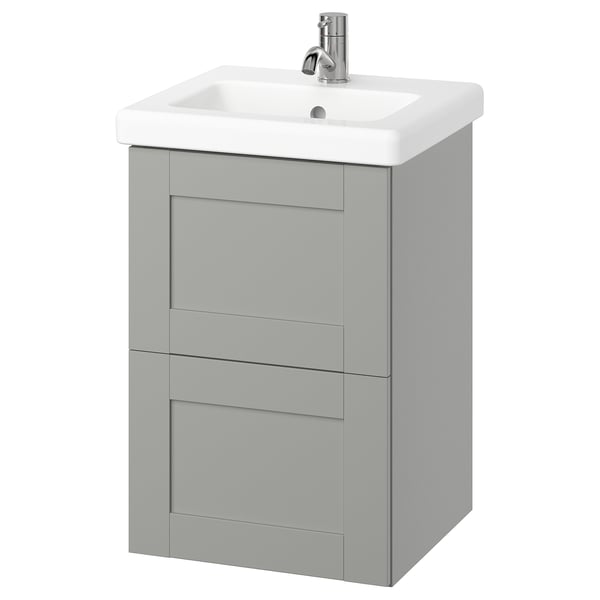 ENHET hellgrauer Badezimmerwaschtisch, 2 Schubladen, weißes Keramikwaschbecken, modernes Design.