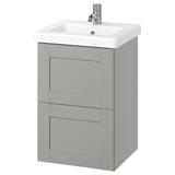 ENHET hellgrauer Badezimmerwaschtisch, 2 Schubladen, weißes Keramikwaschbecken, modernes Design.