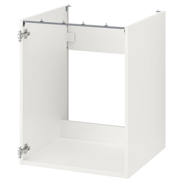 Weißer ENHET Küchenschrank mit Waschbecken. Modernes Design, Metallbeschläge, quadratische Form.
