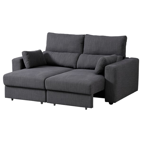 Modernes dunkelgraues L-förmiges Stoffsofa mit verstellbaren Kopfstützen und extra hoher Rückenlehne für mehr Komfort.