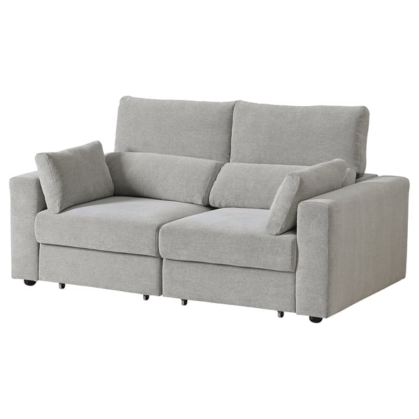 Graues ESKILSTUNA-Sofa mit verstellbaren Kopfstützen, hohen Rückenlehnen und Chaiselongue aus Baumwolle und recyceltem Polyester.