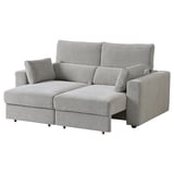Modernes graues L-förmiges Sofa, weicher Stoff, hohe Rückenlehne, verstellbare Kopfstützen, Chaiselongue.