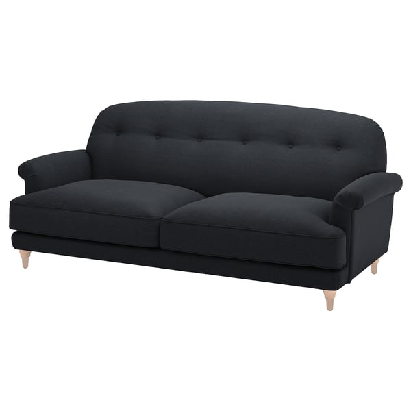 Dunkelgraues ESSEBODA Sofa, weich & tief, geschwungene Armlehnen, Holzbeine, klassisches Design.