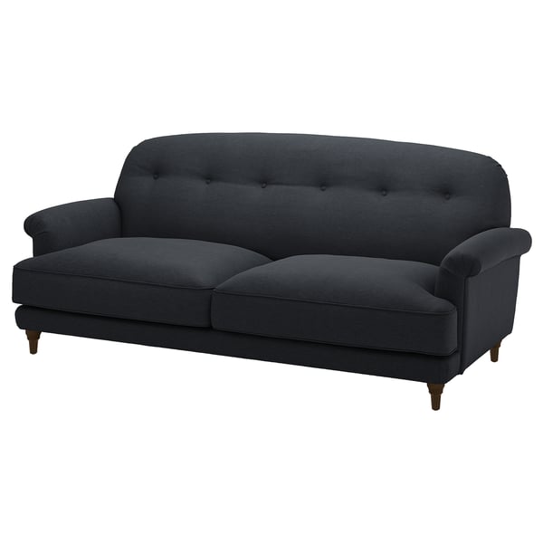 Dunkelgraues ESSEBODA-Sofa, weicher und tiefer Komfort, abgerundete Armlehnen, hohe Rückenlehne, Baumwolle und Polyester.